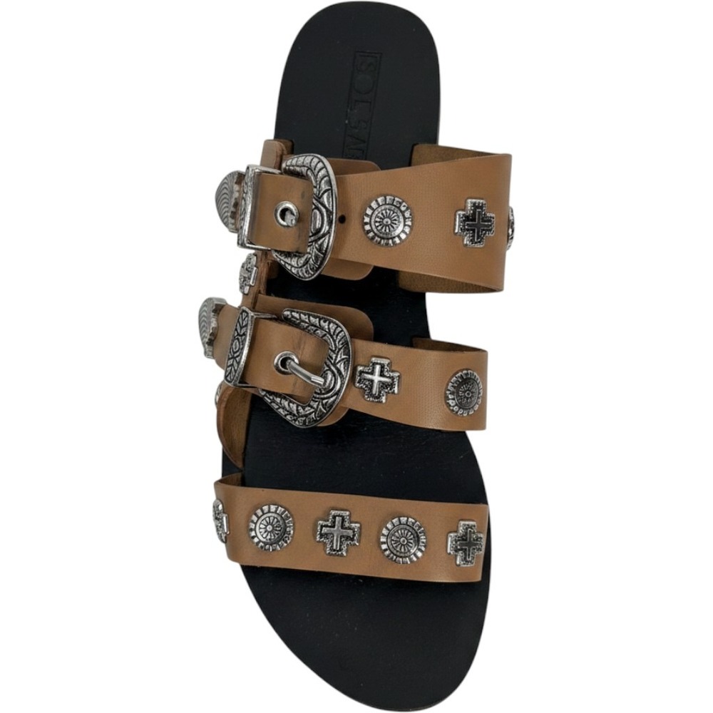 Sol Sana Eastwood Tan Leather Western Buckle Studded Slide Sandals‎ Womens 38/ 8
